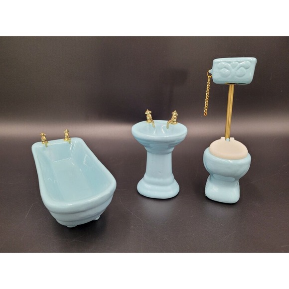 Vintage Dollhouse Tub Sink Toilet Victorian Style Ceramic Porcelain Blue Gold - Picture 1 of 16